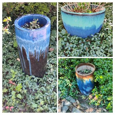Three Blue Ceramic Planters 