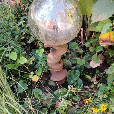 Silver Gazing Ball  With Cement Pedestal 