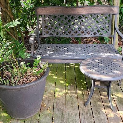 Metal Patio Bench, Matching Cocktail Table And Large Plastic Planter