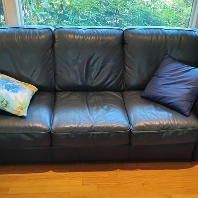 Blue Leather Sofa With Two Pillows 