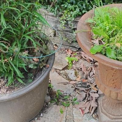 Concrete Pedestal & Plastic Planters 