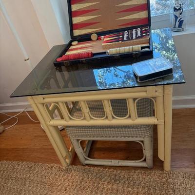 Sale Photo Thumbnail #34: bentwood and glass table $42
28 X 22 X 30"
bentwood stool $20
15 X 18 X 13"