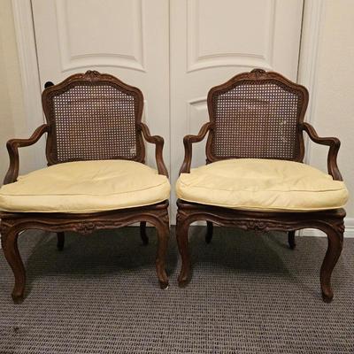 Lot #202 - Antique Louis XV Style Walnut Cane Seat and Back Armchairs With Cushions
