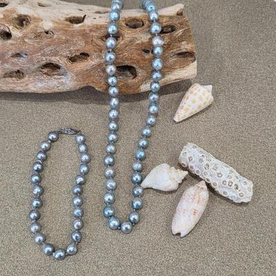 Lot #248 - Elegant Blue Gray Pearl Necklace and Bracelet Set with Silver Clasp