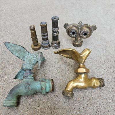 Lot #211 - Vintage Brass Bird Handle Garden Spigot Faucets, Twin Owl Eyes Vintage Sprinkler, & Brass Hose Nozzles