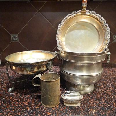 Lot #118 - Metal Serving Lot - Ice Bucket, Chafing Dishes, Tankard & Table Lighter