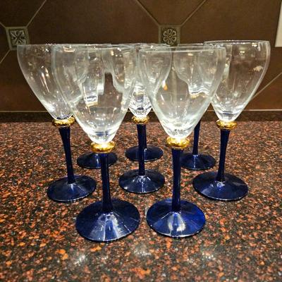 Lot #106 - Set of 10 Vintage Cobalt Blue & Gold Stemmed Glasses.