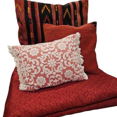 Lot #139 - Red Quilt and Various Throw Pillows
