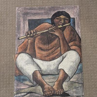 Lot #126 - Raphael Moises (Mexican, 20th Century) Flute Player, Original Signed Art