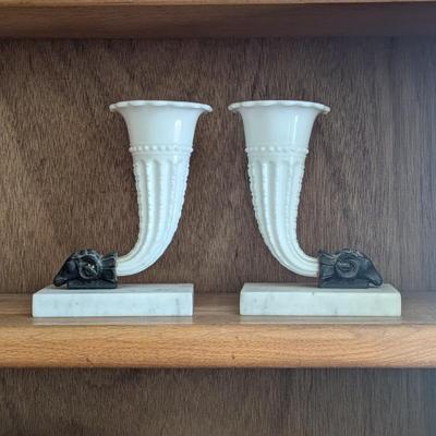 Lot #7 - Art Deco Bronze Ram Head Marble Milk Glass Cornucopia Vases