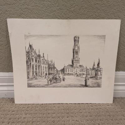 Lot #67 - Historic Bruges Cityscape Lithograph with Clock Tower and Horse Drawn Carriages