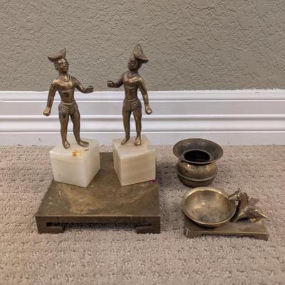 Lot #69 - Ghana Ashanti Bronze Figures, Plus Brass Plant Stand, Brass Pegasus Ashtray & Brass Spittoon