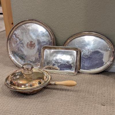 Lot #52 - Vintage Silver Plated Serving Trays and Pan Set