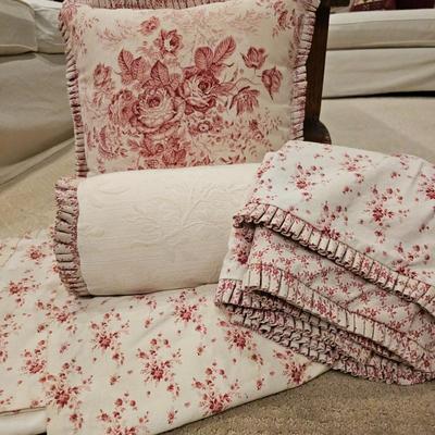 Lot #141 - Vintage King Size Floral Bedding Set - Comforter, Bed Skirt and Decorative Pillows