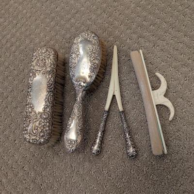 Lot #68 - Antique Sterling Silver Hairbrush and Accessories Set with Floral Design