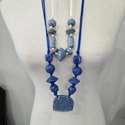 Lot #26 - Blue Handmade Adjustable Beaded Necklaces with Lotus Pendant