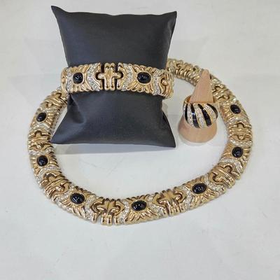 Lot #247 - Gold Tone, Rhinestone & Enamel Necklace and Bracelet with 18Kt Gold Electroplated Ring.