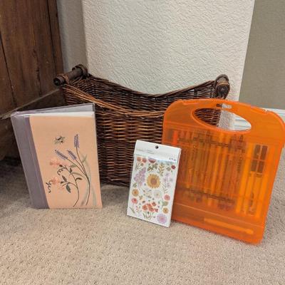 Lot #132 - Colorful Craft Supplies Bundle with Crayons, Stickers, Blank Journal and Decorative Basket