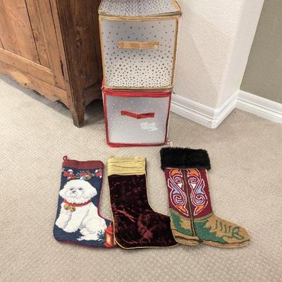 Lot #137 - Vintage Christmas Stockings Set and Ornament Storage Bins