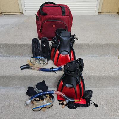 Lot #216 - Complete Snorkeling Gear Set with Red Flippers, Snorkel, Mask, and Dacor Dive Boots