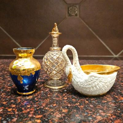 Lot #157 - M Imp de Sevres Swan Creamer, Egyptian Perfume Bottle, Venetian Murano Tre Fuocchi Vase
