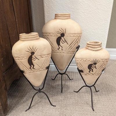 Lot #131 - Handcrafted Native American Kokopelli Clay Vases Set with Metal Stands