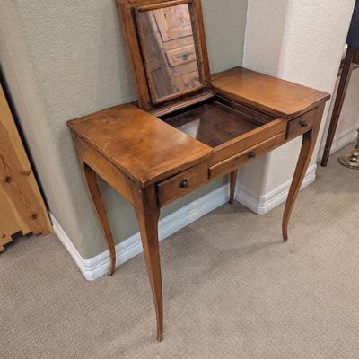 Lot #86 - Antique 18th Century French Wooden Vanity Dressing Table Poudreuse with Mirror and Floral Lined Storage