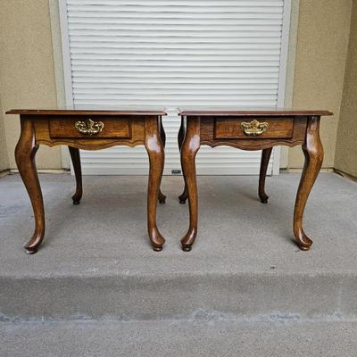 Lot #208 - Queen Anne Style Single Drawer Wooden Side Tables with Curved Legs and Brass Handles
