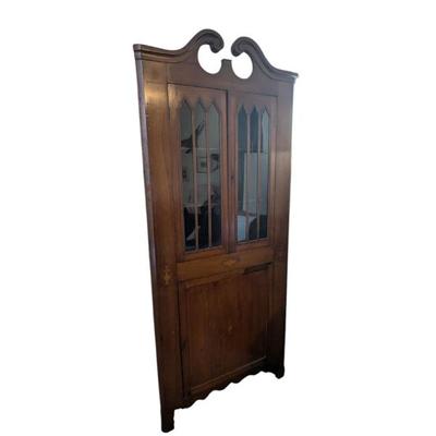 Lot #1 - Antique Corner Cabinet with Glass Panes and Intricate Inlays