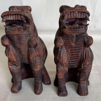 Pair Of Chinese Carved Wooden Folk Foo Dogs