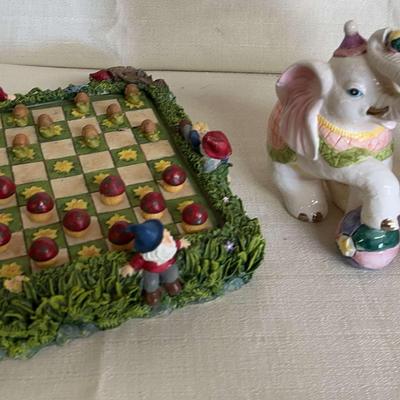 Vintage Gnome Checkers Board and Ceramic Circus Elephants