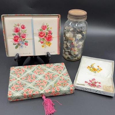 Vintage Buttons in Kerr Glass Jar; 3 Embroidered Handkerchiefs ; Notecards in Floral Harrods Box