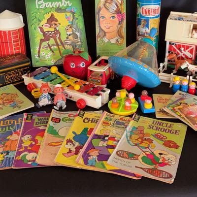 Large lot of Vintage Fisher Price toys, Walt Disney Books, Comics