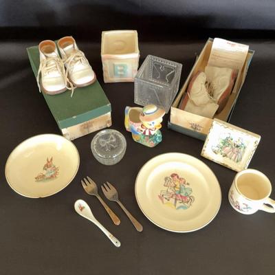 Leather Baby Shoes, Salem China Cup/ Saucers, Silver Plated Forks, Ceramic Spoon, Ceramic Planters