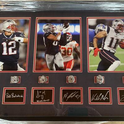 Patriot Football 6 replica rings shadowbox with etched signatures in triple pictures