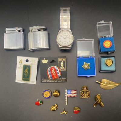 Lot Of Vintage Lighters, Vintage Helbros Watch, Assortment Of Pins