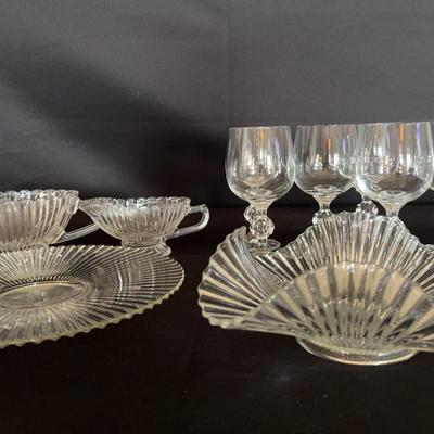 2 Crystal Gravy Boats;6 Claudia Ball Glasses; Ruffled Edge Glass Dish; Glass Relish Tray