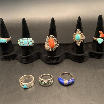 Collection of 8 blue lapis, turquoise STERLING SILVER rings 41.7 g total