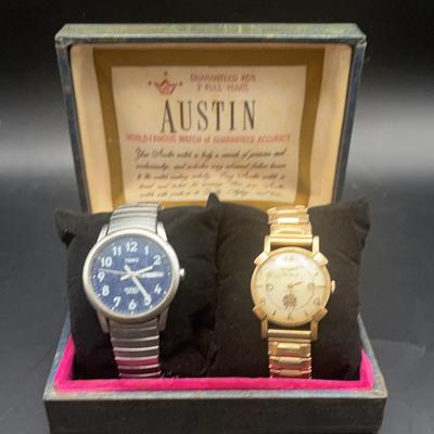 Vintage Gruen Watch and Timex Indiglo Watch Stainless Steel with Vintage Austin watch box