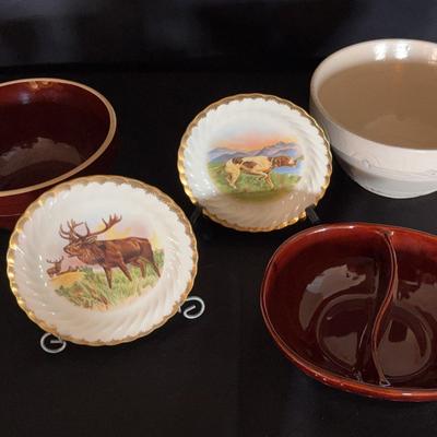 Marcrest Serving Dish, RRP Co Roseville OH Bowl, Aristochrome Elk and Hunting Dog plates 22Kgold rim