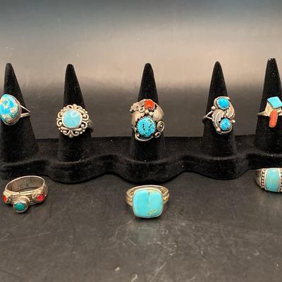 Collection of eight STERLING SILVER rings, turquoise, coral 
41 g