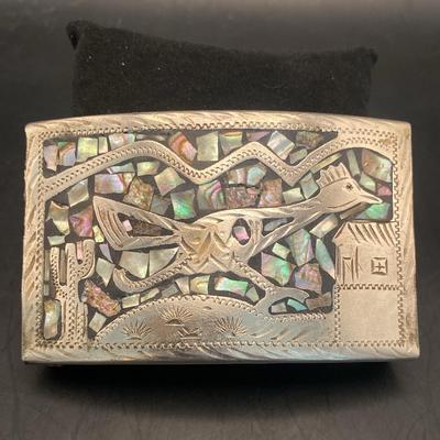 Belt buckle, Sterling silver roadrunner cactus Abalone mosaic 64 g total