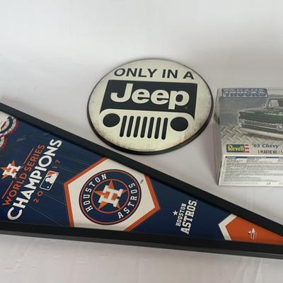 Lot Of Sports Signs, Jeep Sign and Toy Truck Building Kit 