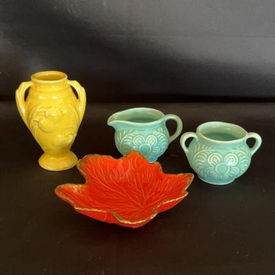 Shawnee Pottery Cream and Sugar Set, Shawnee Bud Vase, Caifornia Pottery Leaf Dish
