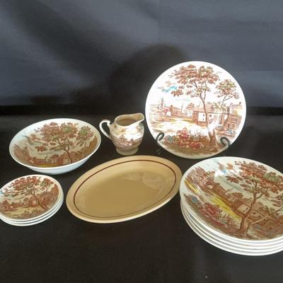 English Village Dishes (6 plates, 3 saucers, Serving Bowl, Creamer); Buffalo China Plate