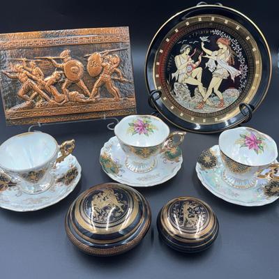 Greek Plate, Greek 24K Gold trimmed Trinket Boxes, Teacup (3), Trojan Plaque