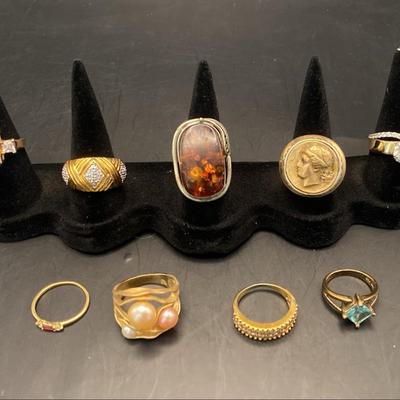 Collection of nine rings Amber, Roman, CZ, pearl, Gold Plated STERLING SILVER rings 58 g total