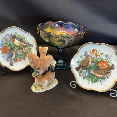 Indiana Glass Carnival Glass Bowl; Vintage Porcelain Plates w/ Sparrows,Robins; Ucagco Ceramic Robin