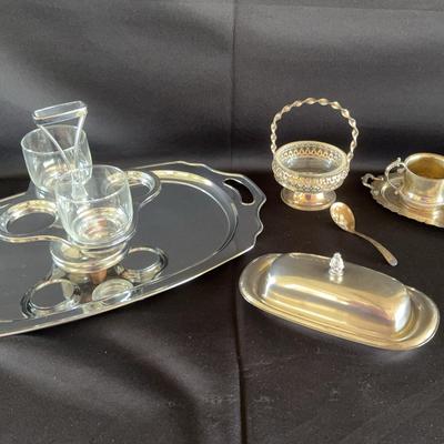 Silver Plated Butter Dish,Cream & Sugar, Candy Dish w/Spoon; Chrome Tray & MCM Condiment Carousel