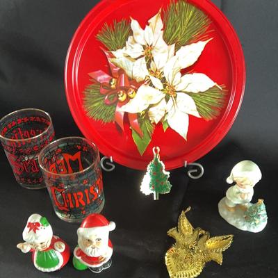 Vintage Christmas tray, Christmas Glassware, Mr Mrs Claus Figurines, Ornaments, Porcelain Figurine